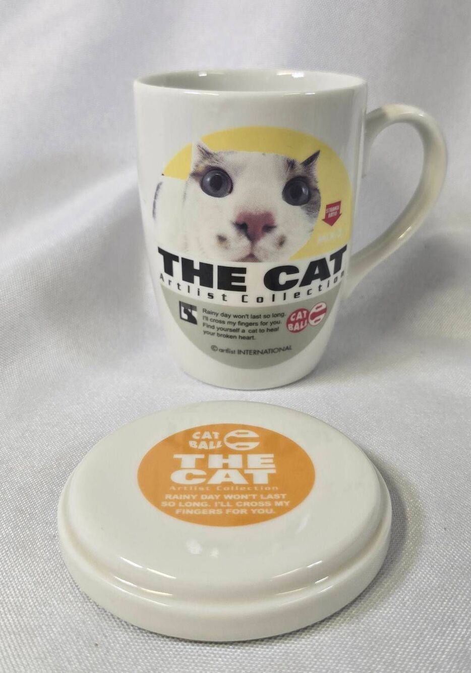 Rare The Artlist Collection "THE CAT" White Ceramic Coffee Mug & Matching Lid
